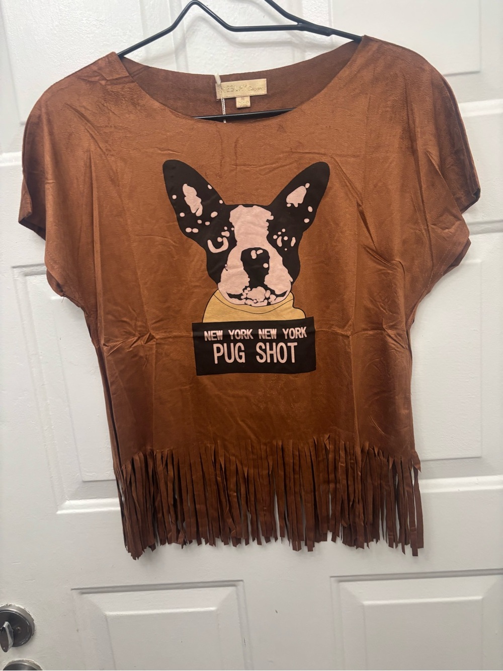 Neslay Faux Suede Fringed Brown Pug Shot Graphic Top